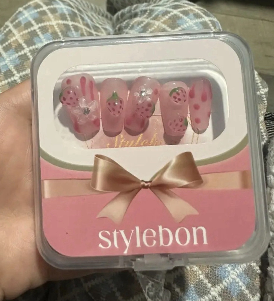 stylebon Press-On Nails Pink/Green/Clear Coffin Long 3D Fruit Full Cover
