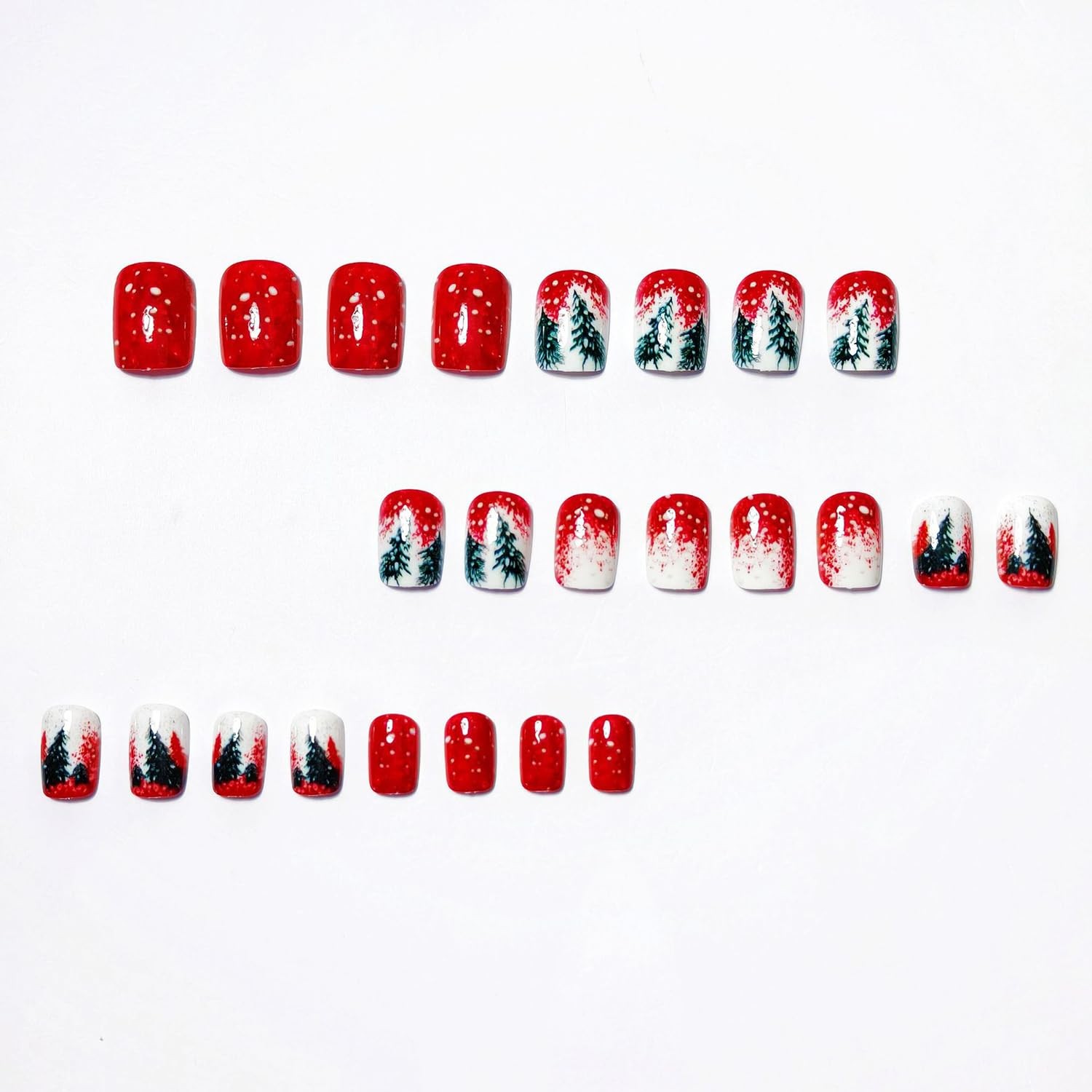 24Pcs Christmas Press on Nails Short Square Fake 12 sizes, Multicolor
