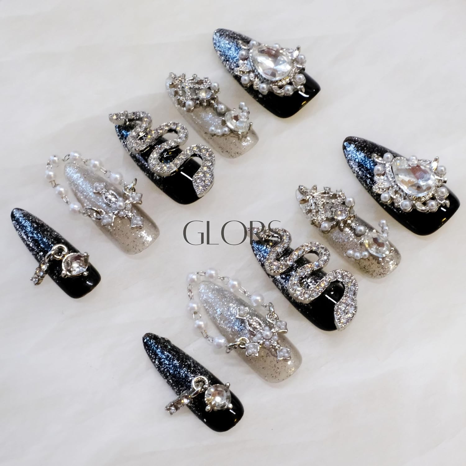 GLORS Luxury Long Almond Press-On Nails, Black/Silver Glitter, 10 Pcs
