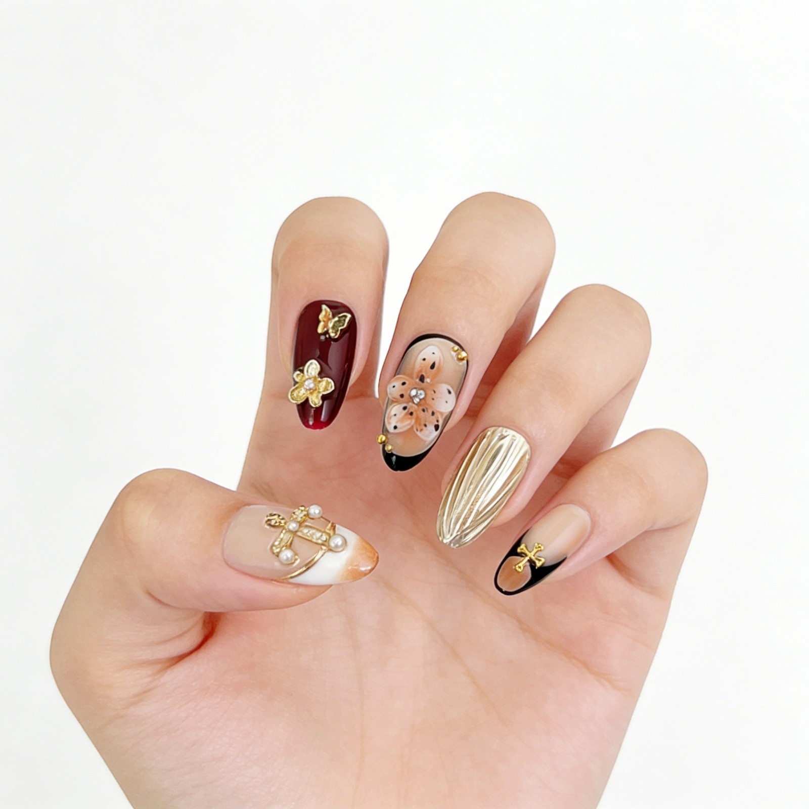 Sweet Gothic Rococo Press-On Nails with Pearl Cross & Metallic Accents Almond
