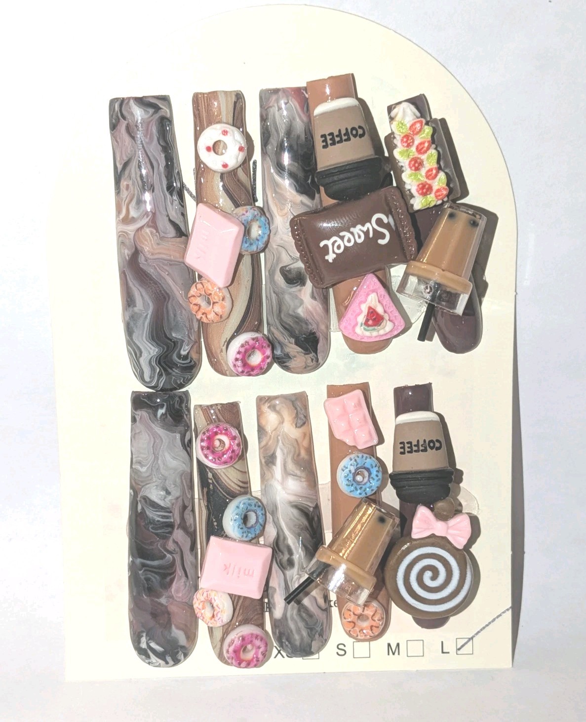 Hand Crafted 3Xl Java Marble Brown & Pink 3D Dessert Press-On Nails Sz Large