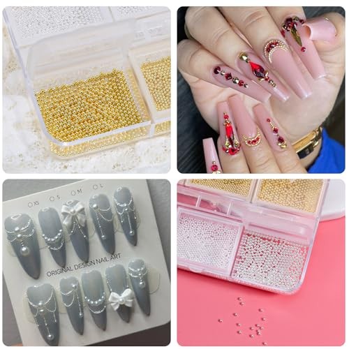 1 Box/6Grid 3D Mixed Sizes Nail Art Charms Gold Silver Mini Metal Caviar gold