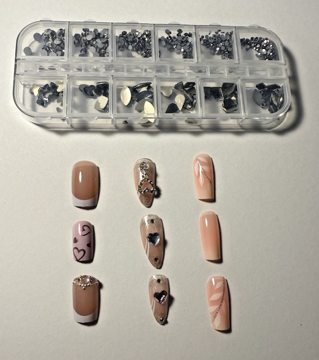 3-Pack Press-On Nails with Nail Charms – Nude, Heart, and Swirl Designs | 3D Nai