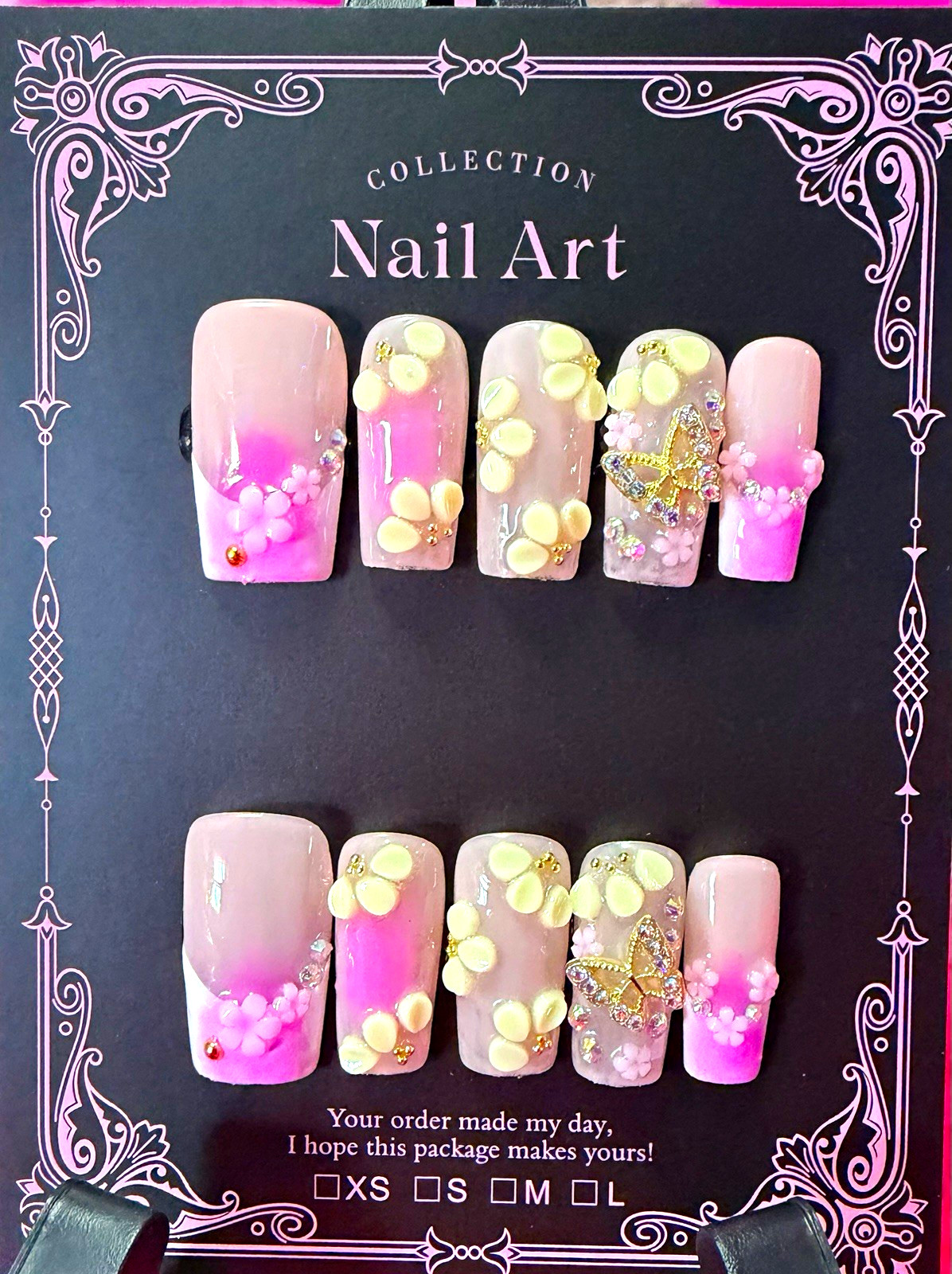 Pink/Nude/Gold 3D Butterfly Square Press-On Nails, Full Cover