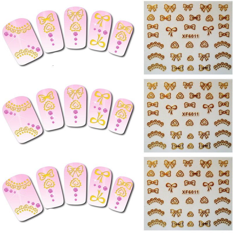 Bow Nail Art 3D Gold Lace Decoration Stickers Nails Hearts UK Jewelry YZW6011a