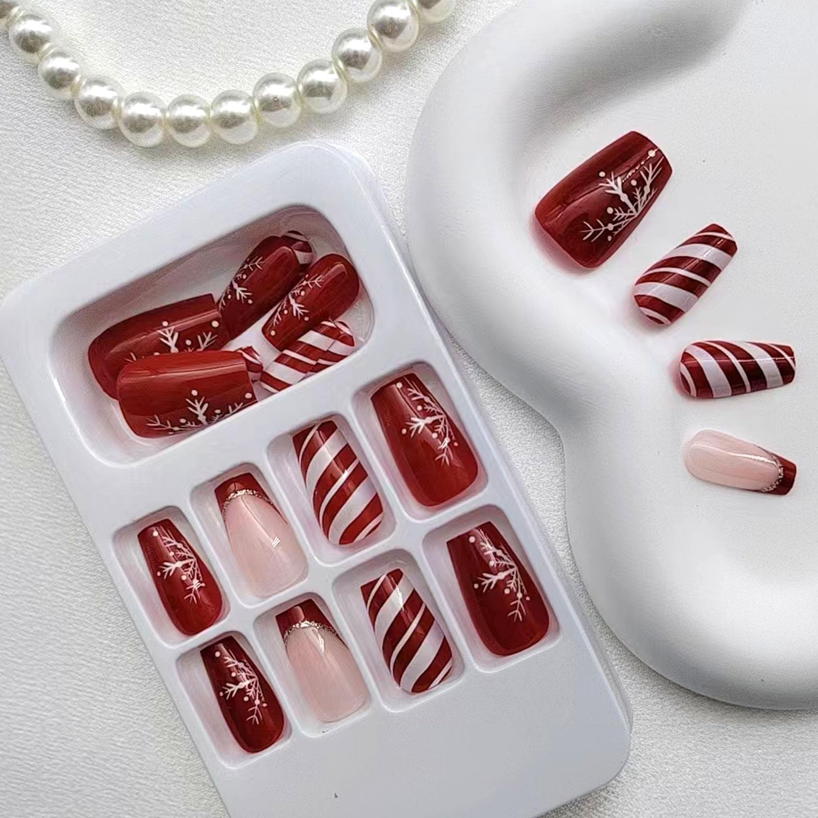 Christmas Coffin Press on Nails Short Red French Tip Fake Snowflake and Strip…