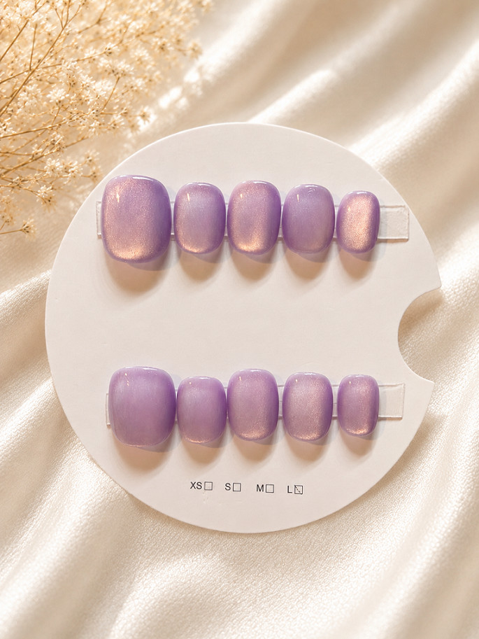 Handmade Purple Cat Eye Press On Nails Size L Short Round Lavender Mist