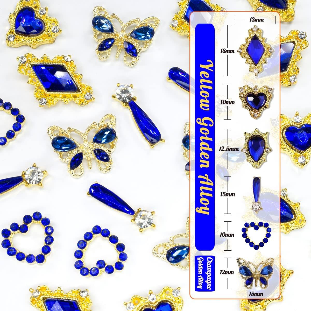 24Pcs Blue Nail Rhinestones Luxury Nail Charms Sapphire Heart Charms for Nails 3