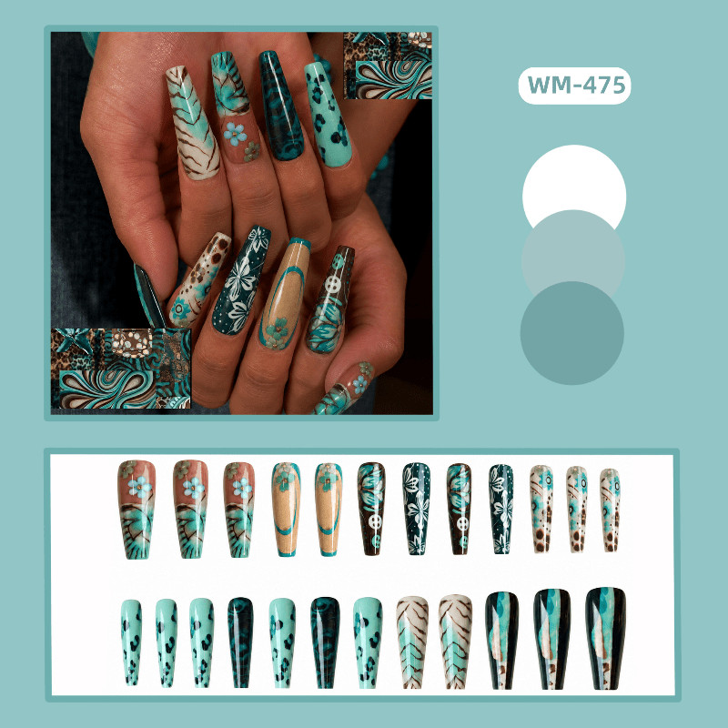 48 Pcs Teal Leopard Floral Coffin Press on Nails, Trendy Boho Fake Nails