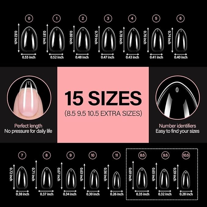 Short Almond Nail Tips, 15 Sizes 240PCS Preshaped Soft Clear Gel Nails Tips Full
