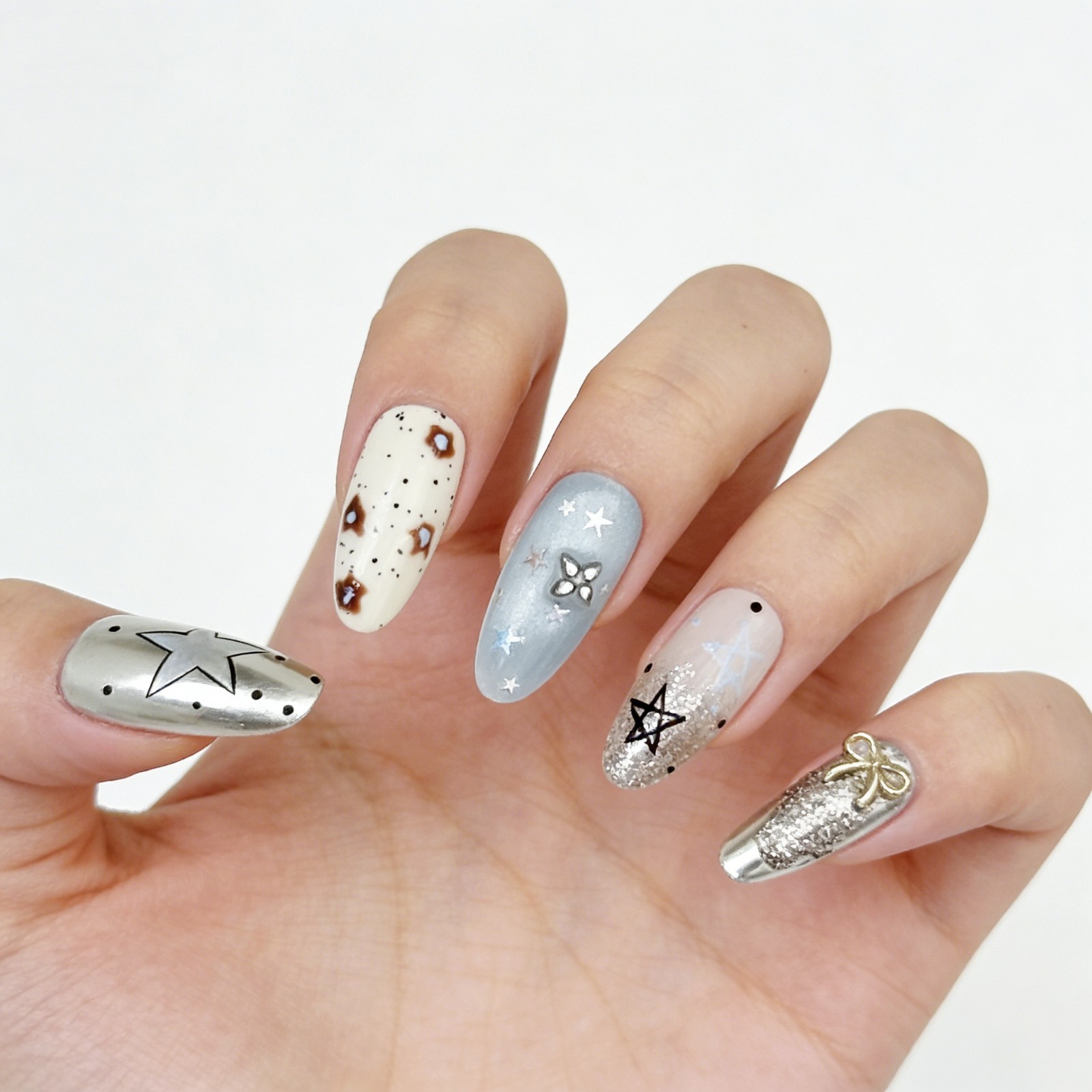 Galaxy Star Glitter Press-On Nails Mismatched Set Handmade Almond Nails Gift