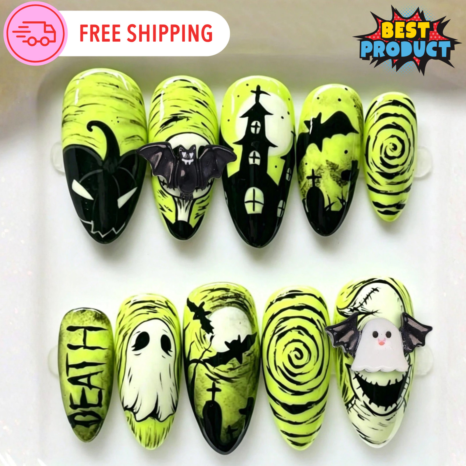 10pcs Halloween Press On Nails For Women & Girls 3D Nail Extenders Haloween Gift