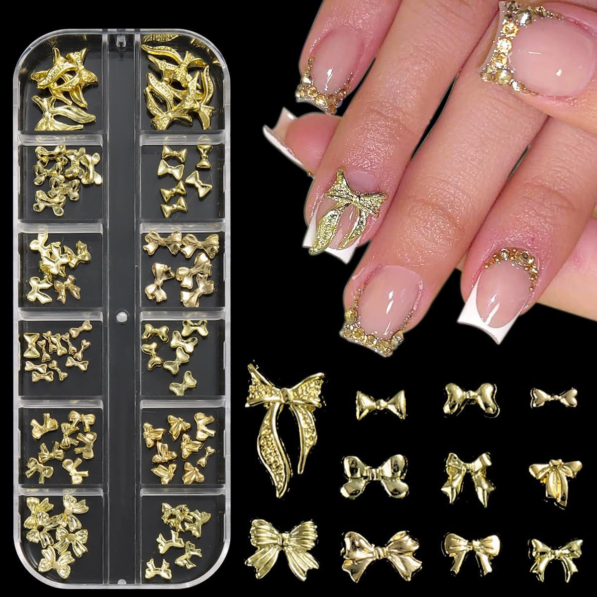90Pcs Gold Bow Nail Charms 3D Alloy Metal Bowtie Nail Art Decoration