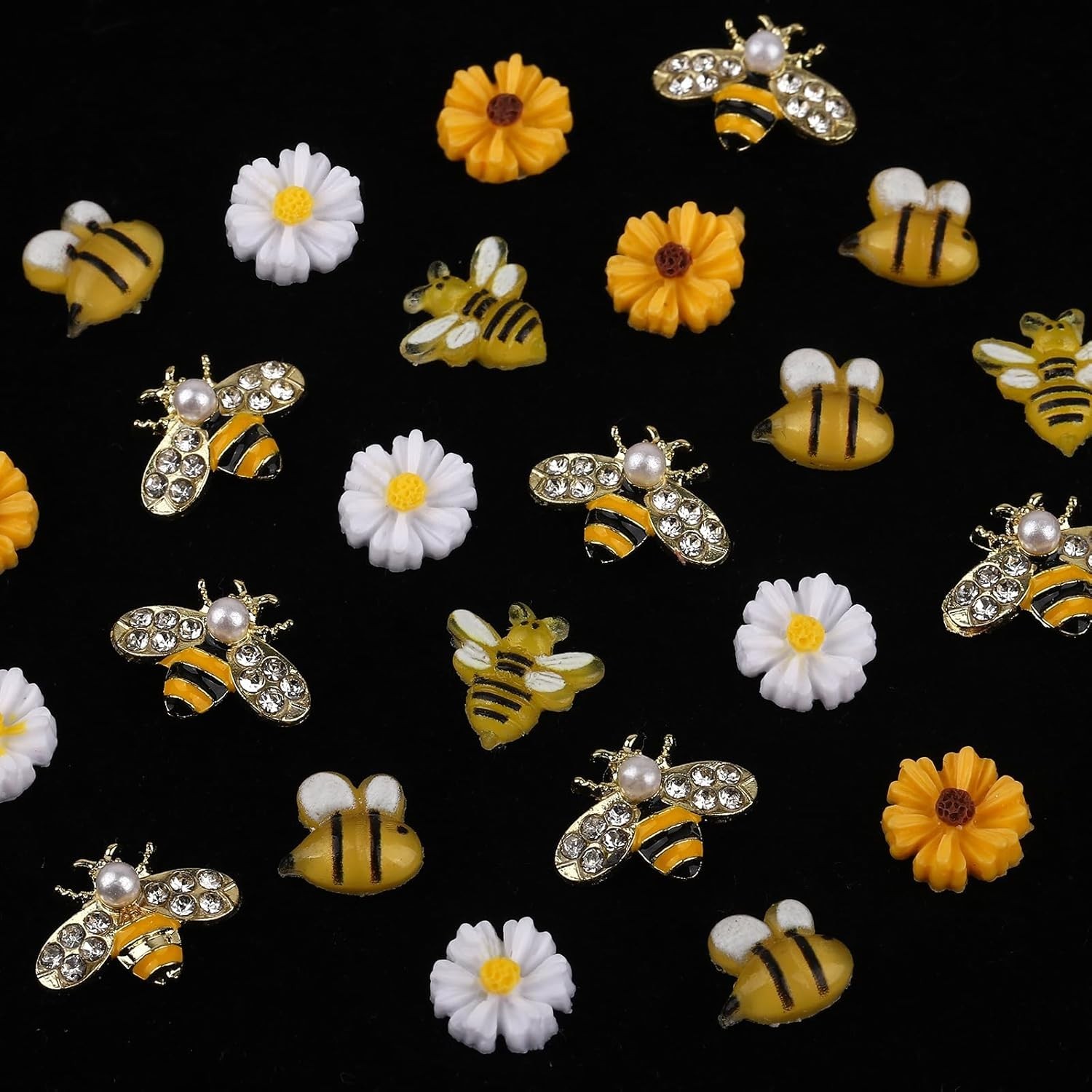 Cute Cartoon Bee Nail Charms 60Pcs Resin Daisy Flower Rhinestones for Nails