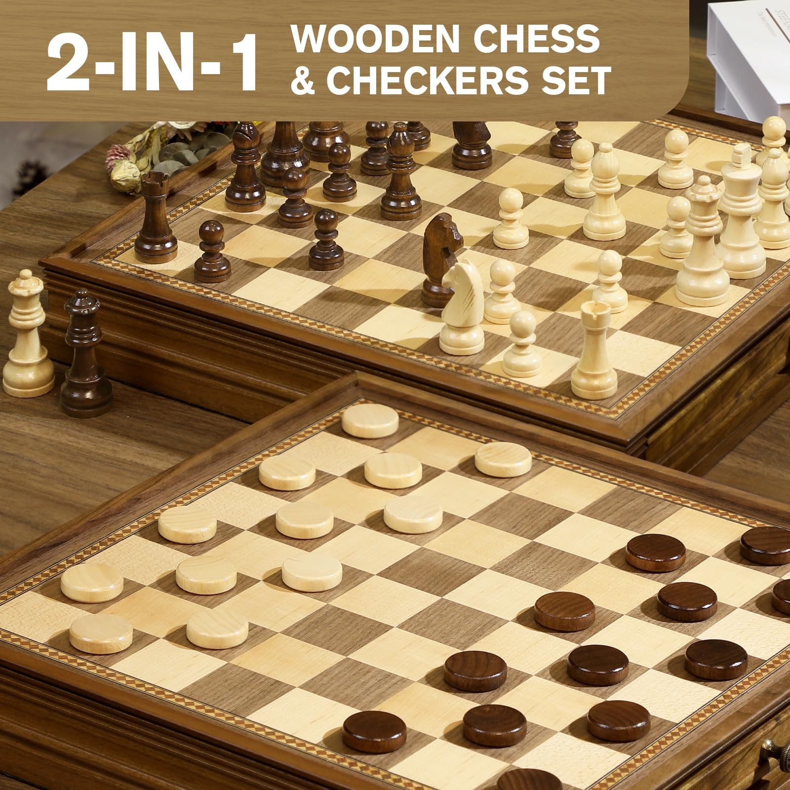 Peradix Magnetic Chess Checkers 32 cm x 32 x 5.2 cm, Walnut Color 12.8″