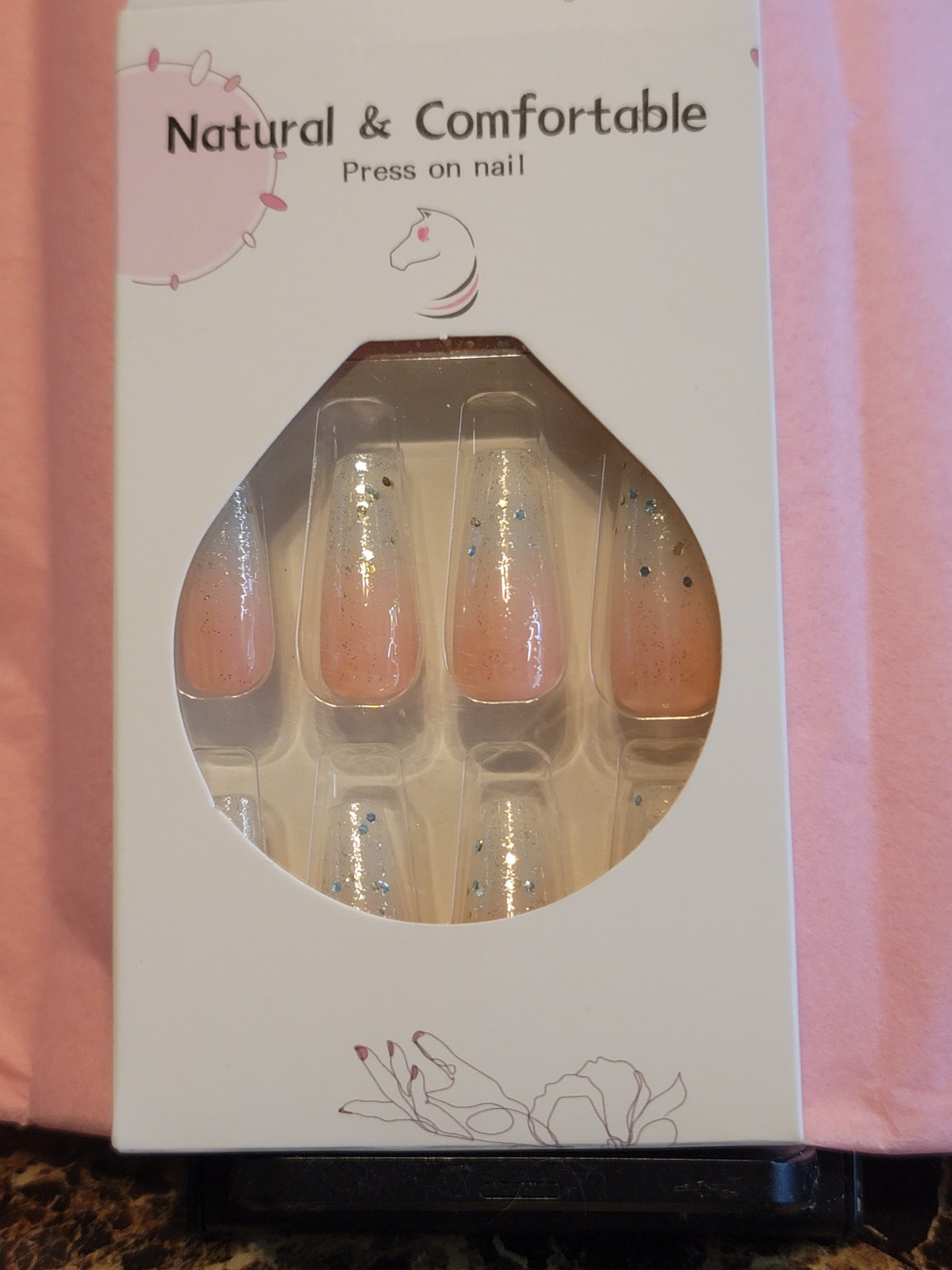 LONG Coffin Pink Sparkle Ombre Nails 24 Pcs