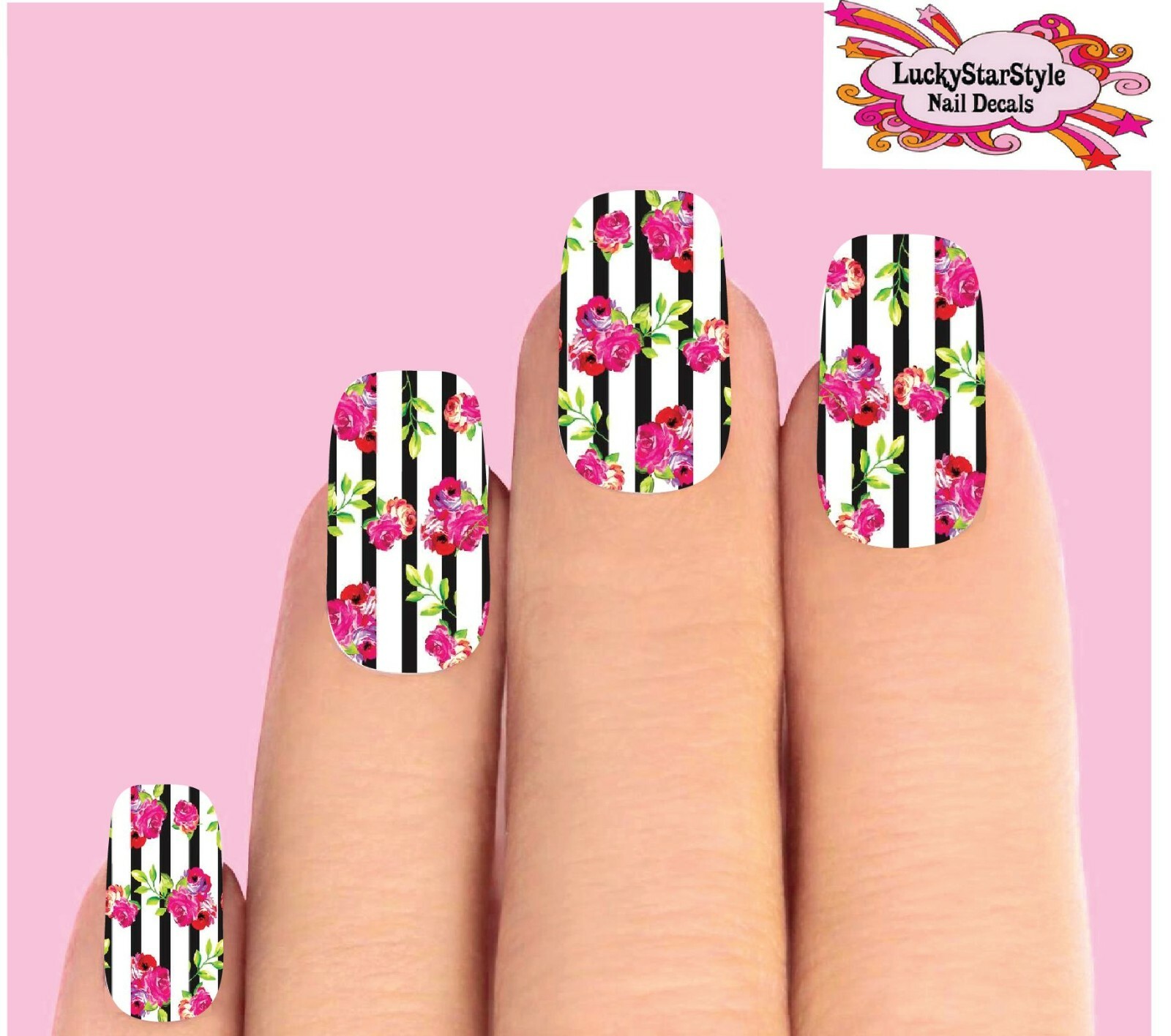 Waterslide Full Nail Decal Set of 10 – Black Stripes on Clear with Pink Roses
