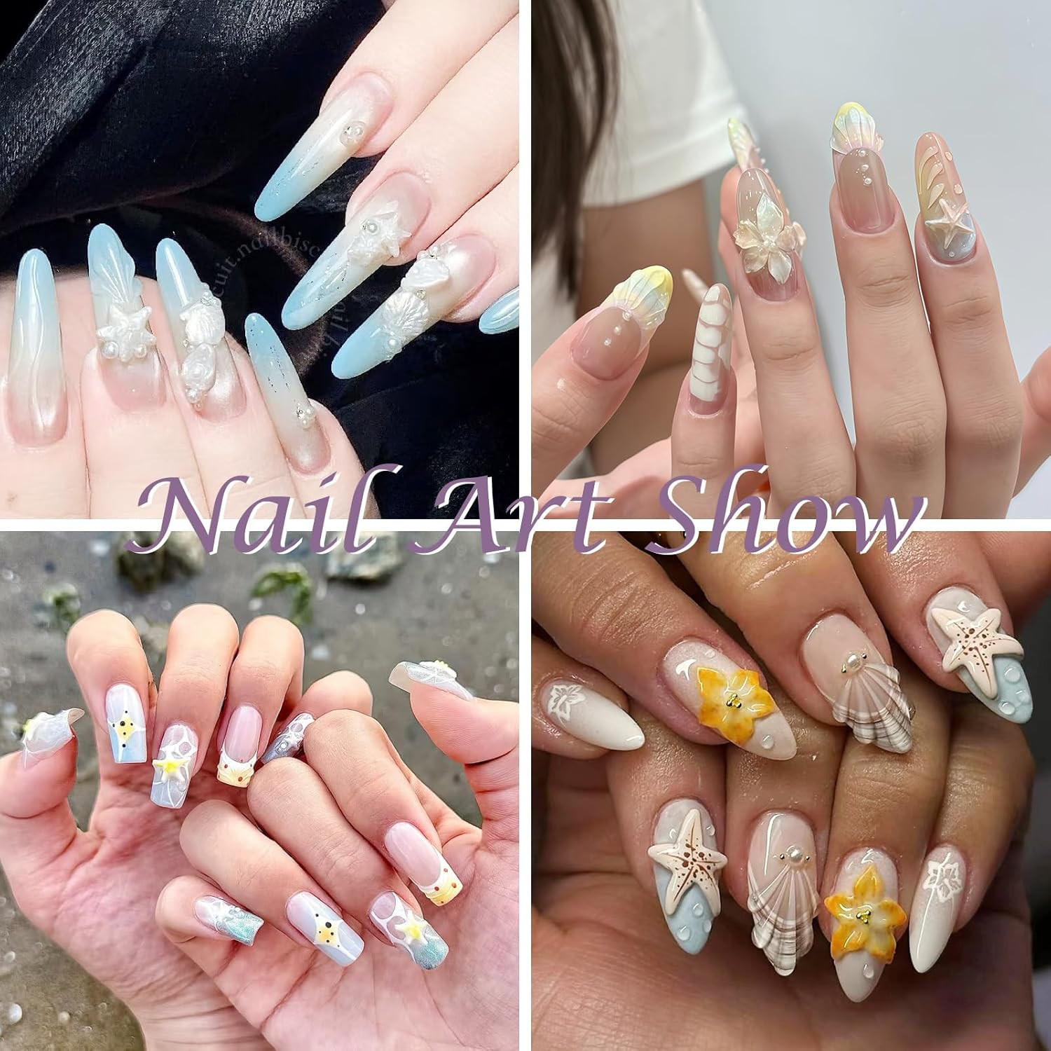 4Pcs Ocean Silicone Nail Art Molds, 3D Mermaid, Starfish, Seashell, Jellyfish Na