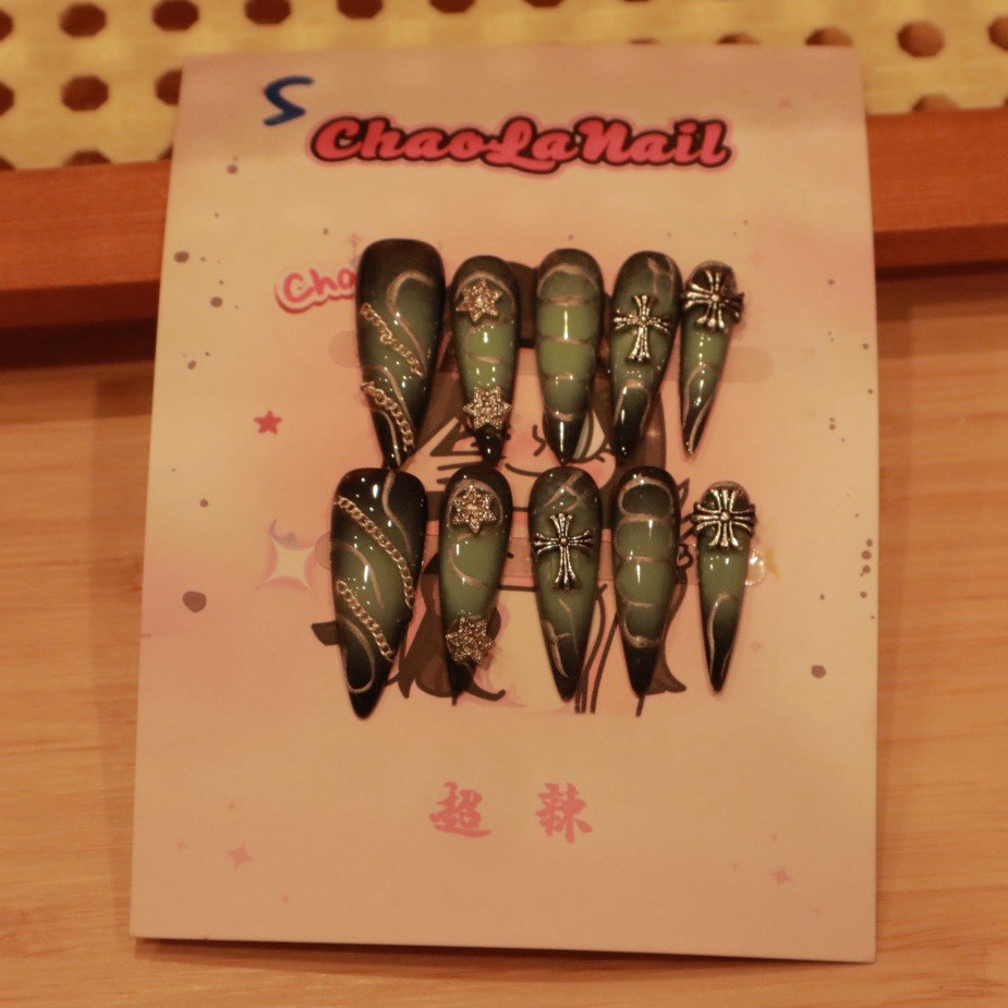 ChaoLe Nail Press-On Nails Long Stiletto Shiny Green/Black Cross Pre-Designed