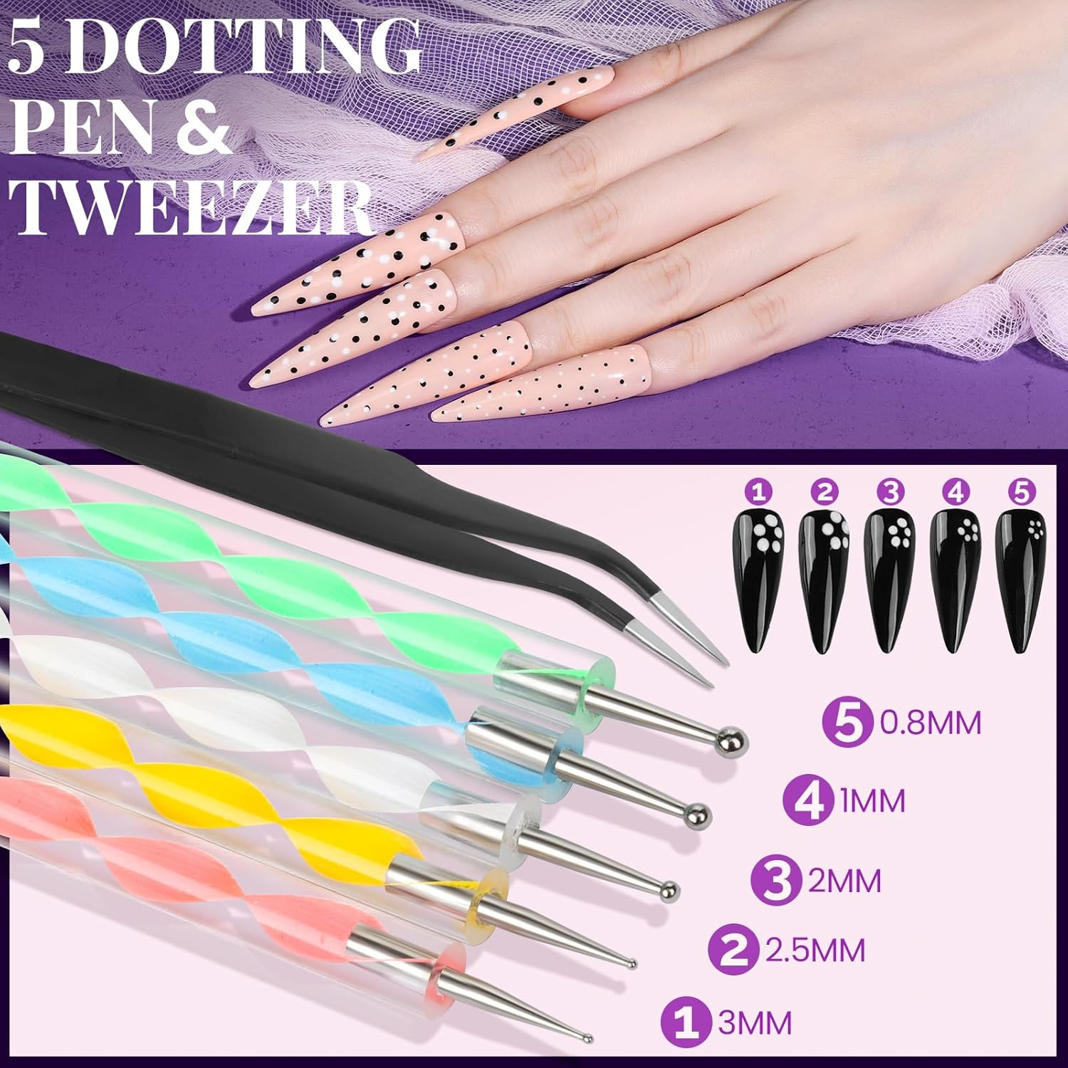 FANDAMEI Nail Art Brushes, Nail Art Kit with 15 Pcs Nail Art Brush, 5 Pcs Dottin
