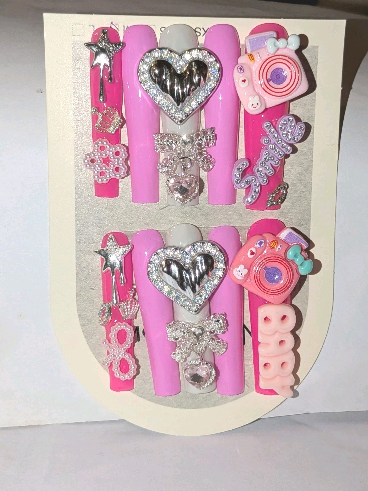 Handmade 3xl Acrylic Pink Rhinestone Heart & Bow Decorative Press-On Nails Sz L