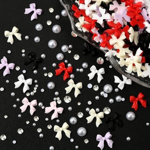 OPMADM Bow Nail Charms and Gems, Nail Set 2 – Bows+Rhinestones+Flatback Pearls