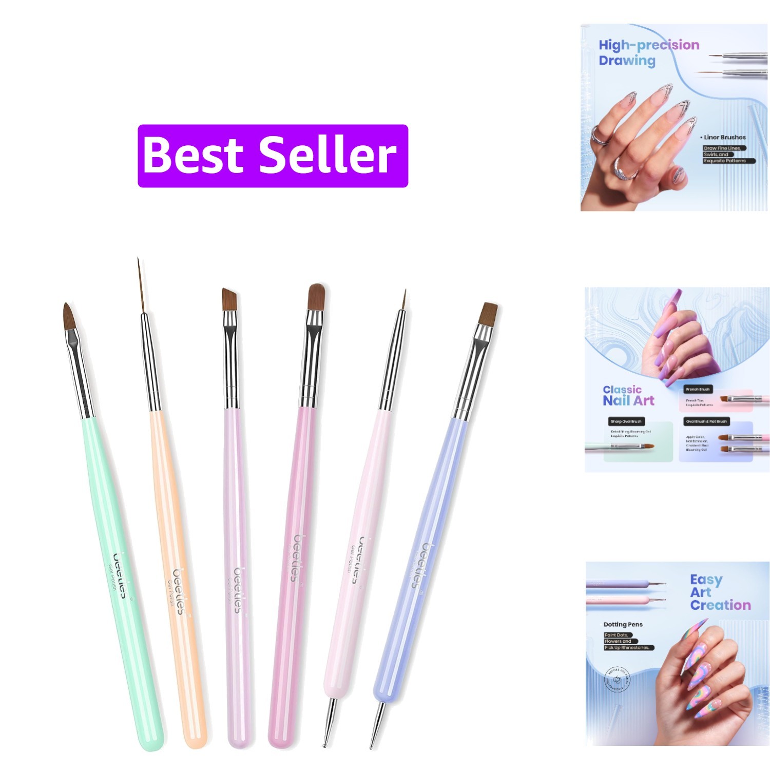 Nail Art Brushes, 6 Pcs Fingernail Art Design Pens | Wood Alloy Handle, Dotti…