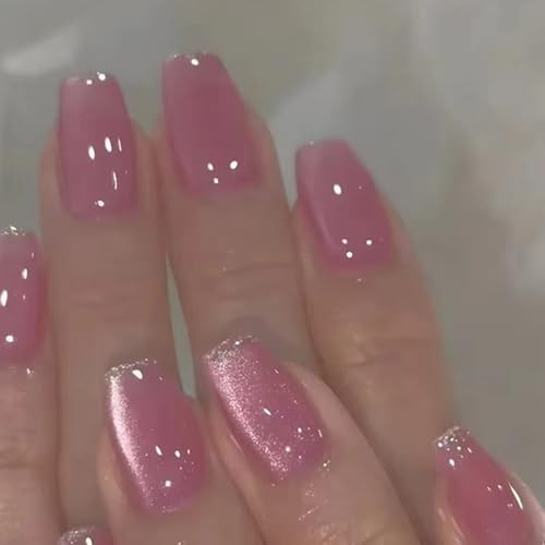 Cat Eye Press on Nails Short Coffin Fake Nails with Pink Glitter French Designs