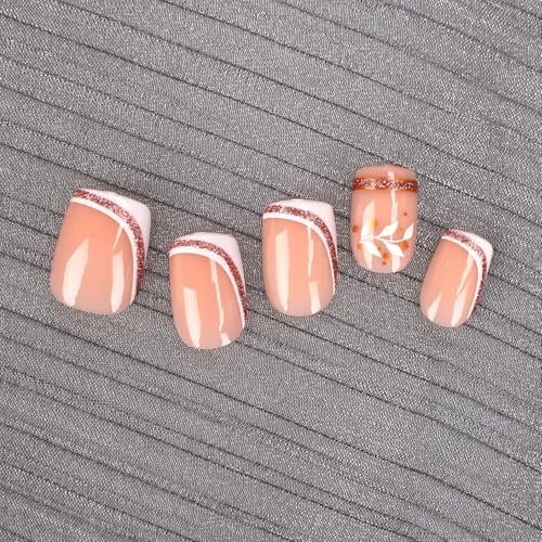 French Press On Nails Short Square, Nude Fake Nails with White French Tip and Mi