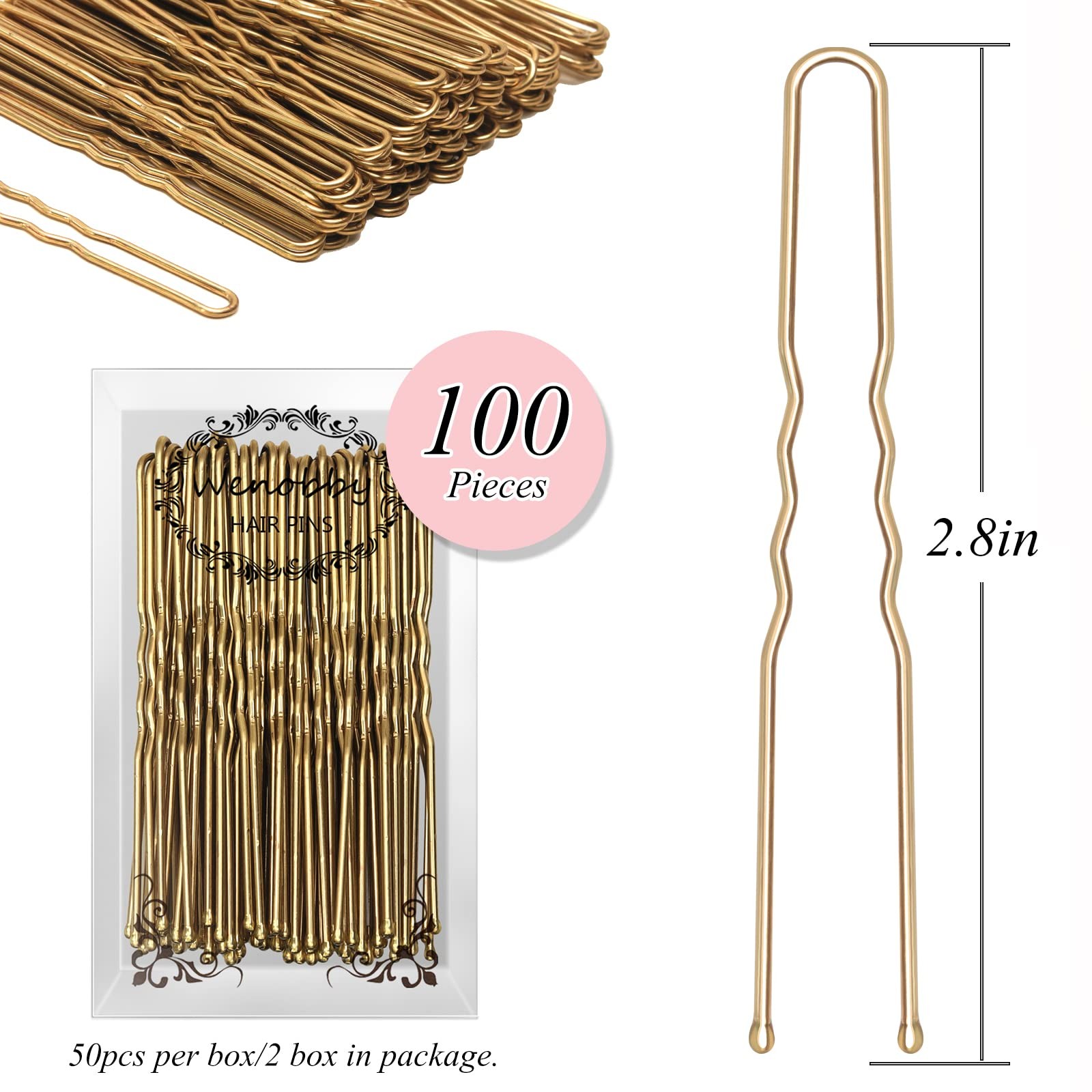 U Shaped Gold Hair Pins for Buns, 100 PCS 2.8″ 1 Count (Pack of 100), Blonde