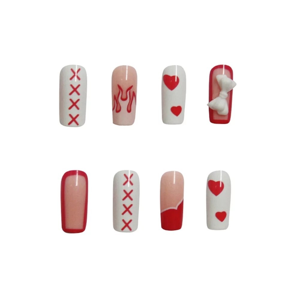 24 Square Pink white red heart bow Press on nails set with glue long coffin