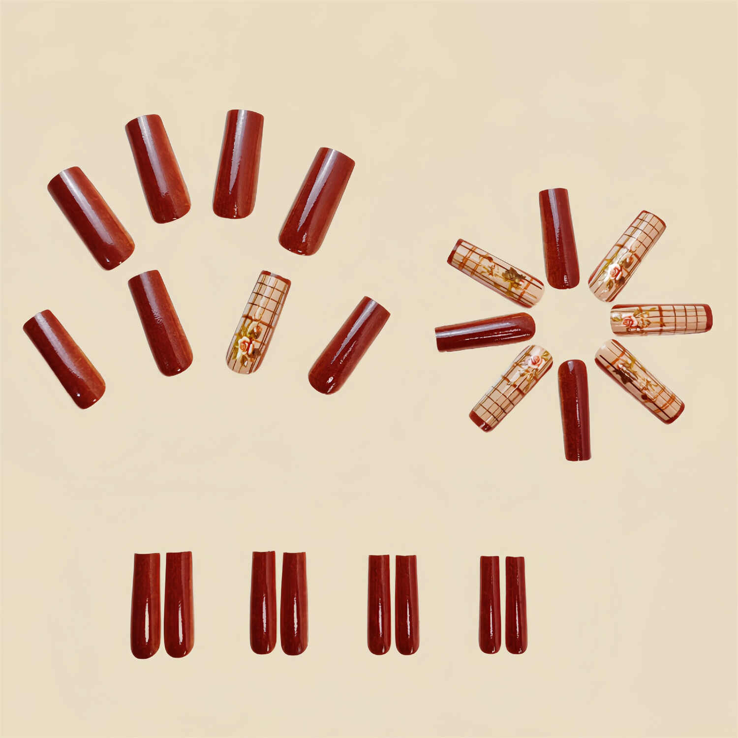 Long Square Press-On Fake Nail Valentine’s Day Rose Brown Plaid Manicure 24pcs
