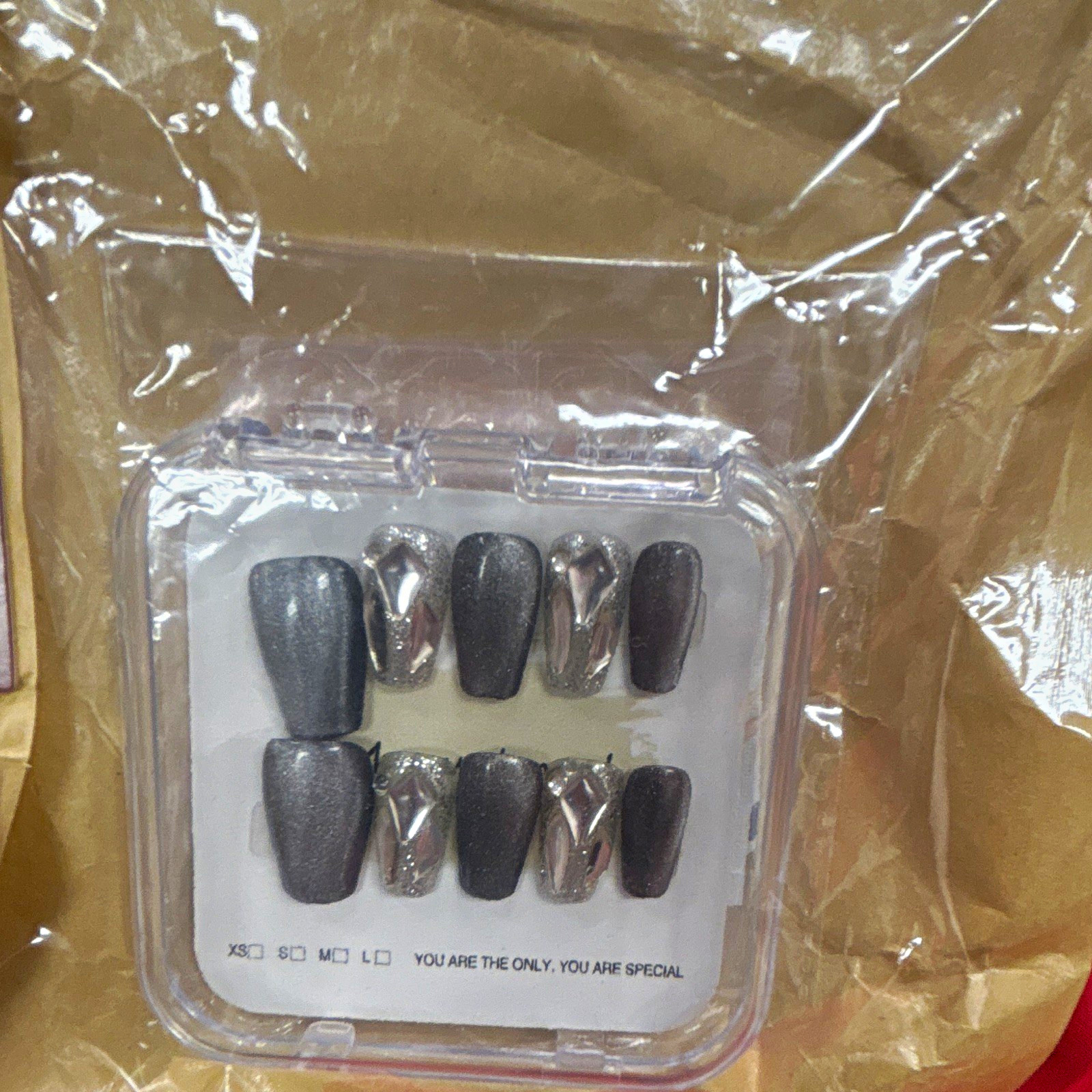 Coffin Press-On Nails Gray & Silver Metallic Pre-Designed for Finger