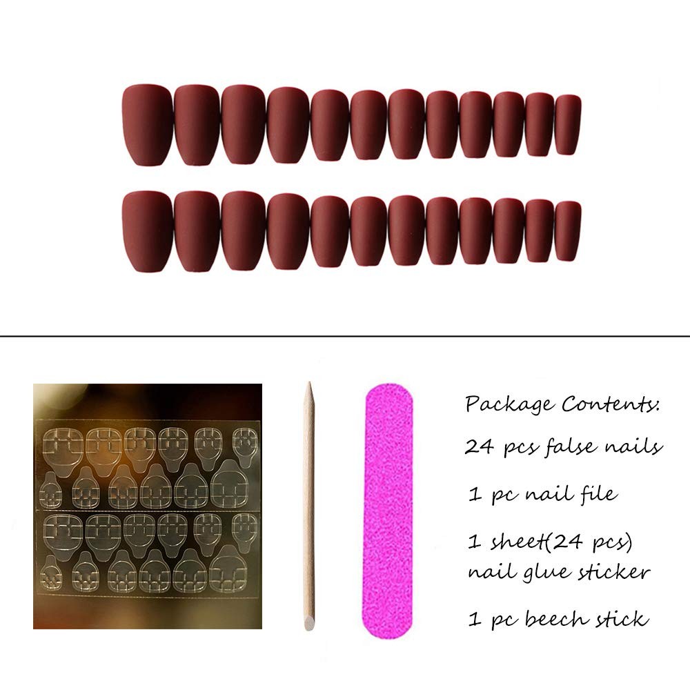 Aimimier 24Pcs Ballerina Matte False Nail Medium Pure Color Medium, Burgundy