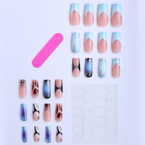 Medium Square Press on Nails, Gradient Blue Pink Acrylic Fake Nails Long 50