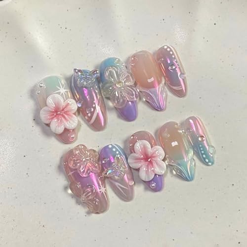 30Pcs Pink Flower Press on Nails Medium Almond Spring Summer Flower Nails-1