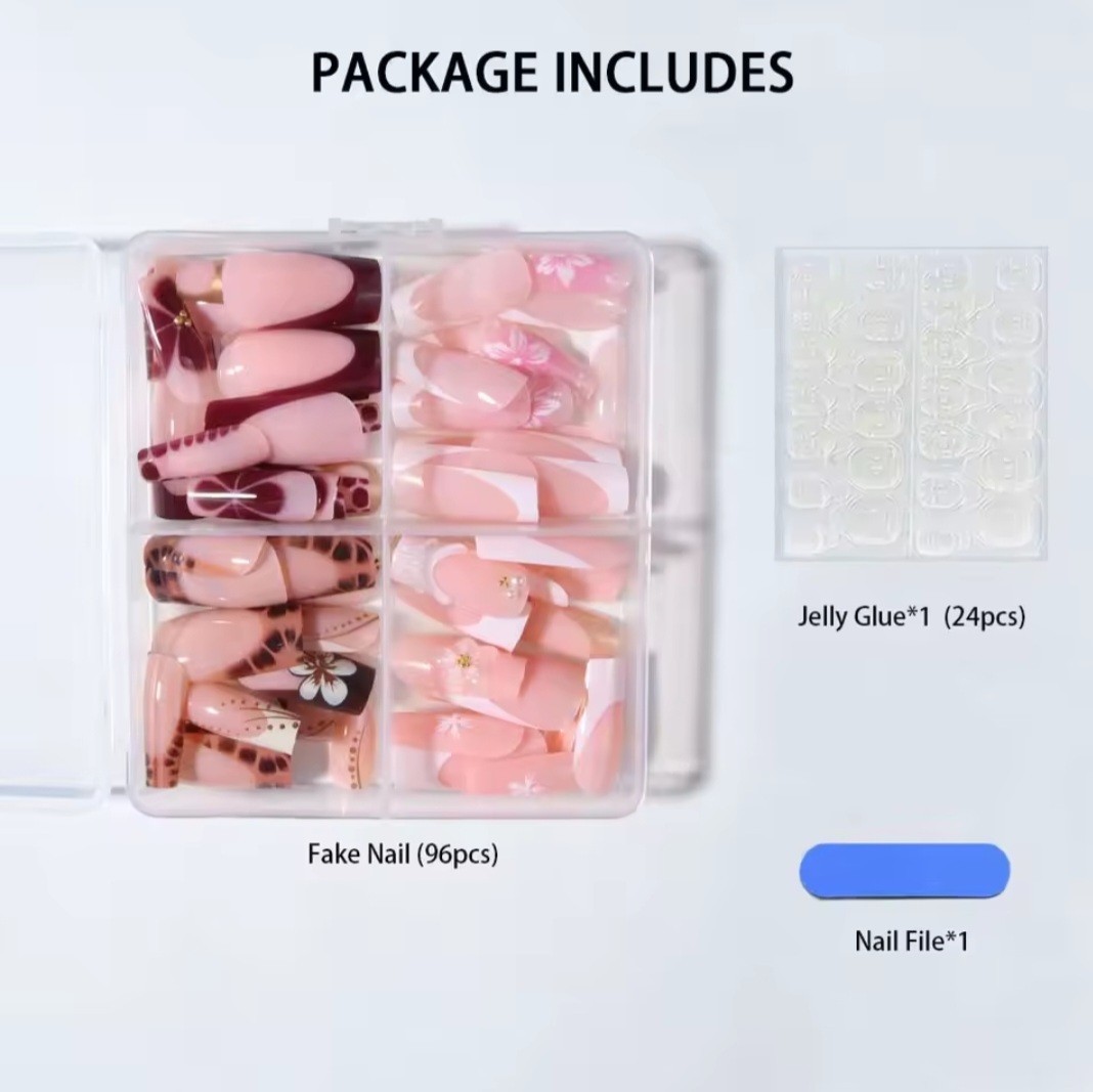 4in1 Luxury Press On Nails Set – 3D Flower Pearl Design French Long Coffin Nails