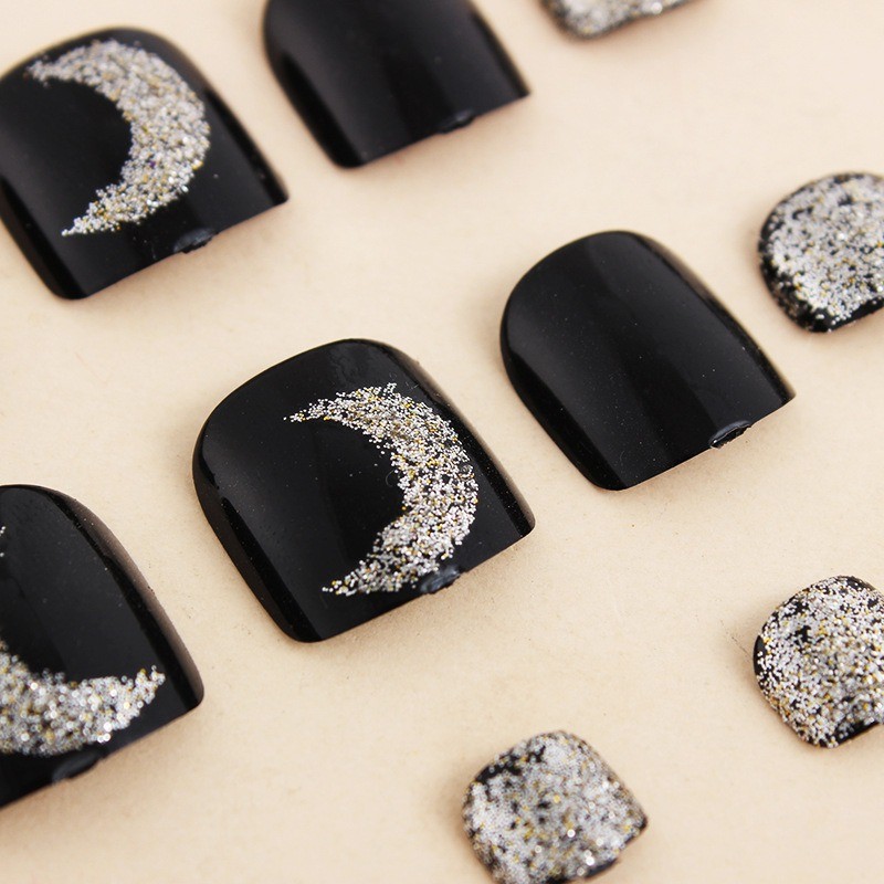 96Pcs-Black Glitter Moon Rhinestone Cool Square Daily Summer Toe Press on Nails