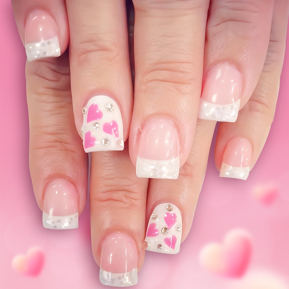 24pcs White/Red Polka Dot 3D Heart Press-On Nails. Waterproof, Reusable Gift.