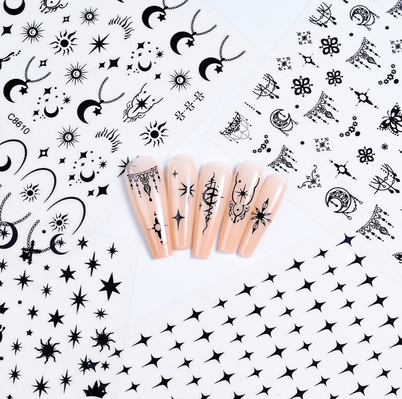 4Pcs Silver/Gold/White/Black Moon Star Heart Self-Adhesive Nail Art Decals NH29