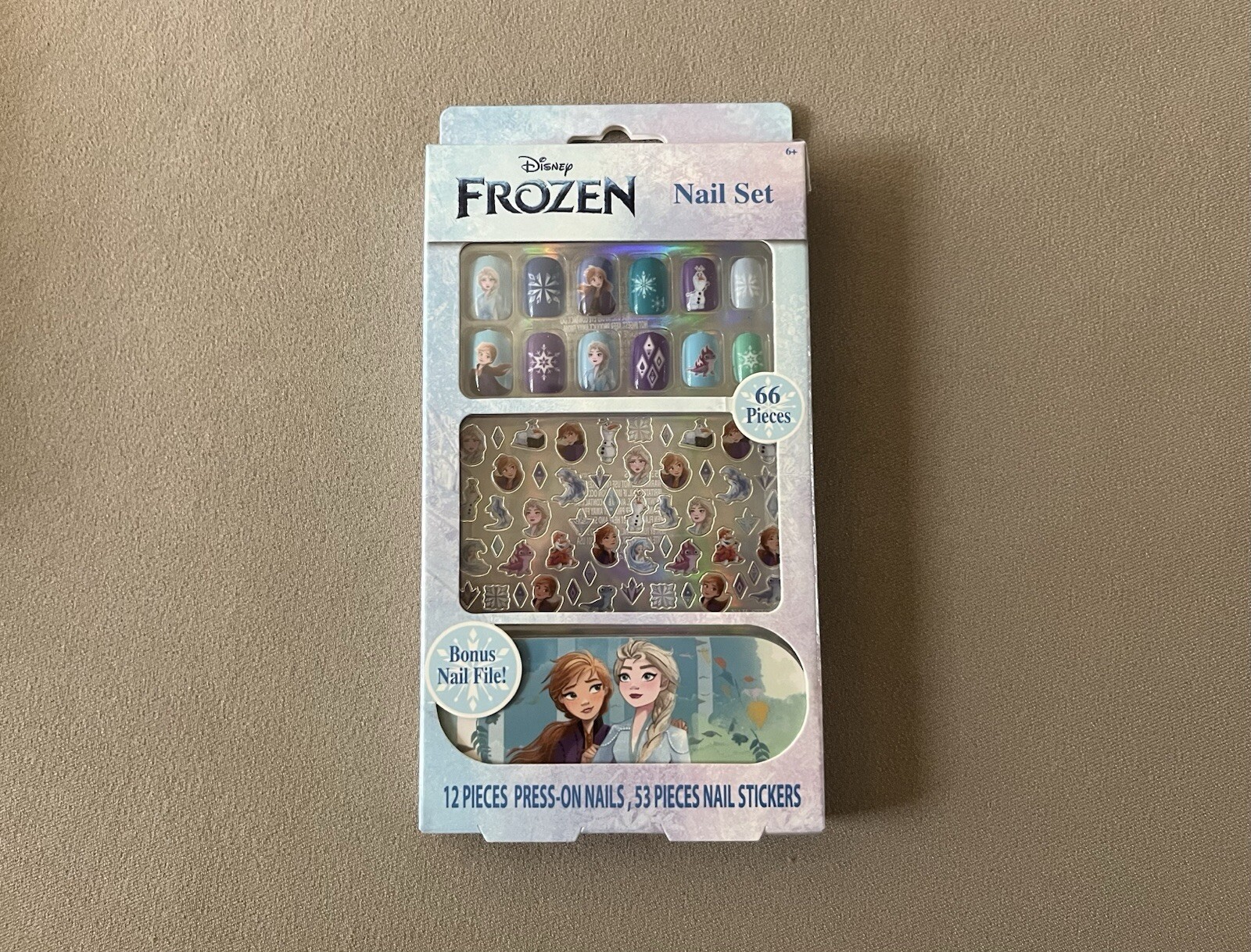66 Piece Disney Frozen Nail Set~12 Press-On Nails & 53 Nail Stickers, New In Box