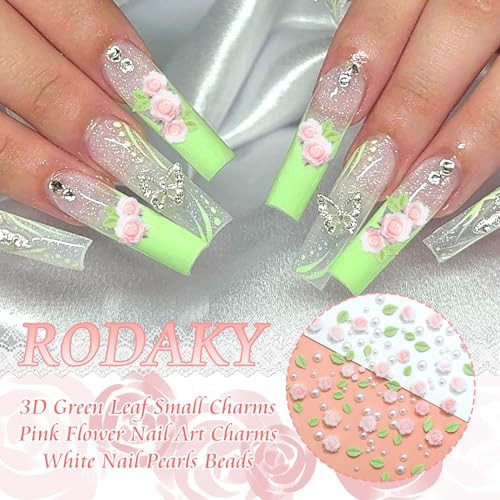 300PCS Flower Nail Charms Pink 3D Roses Flower Charms for Nail Design Green