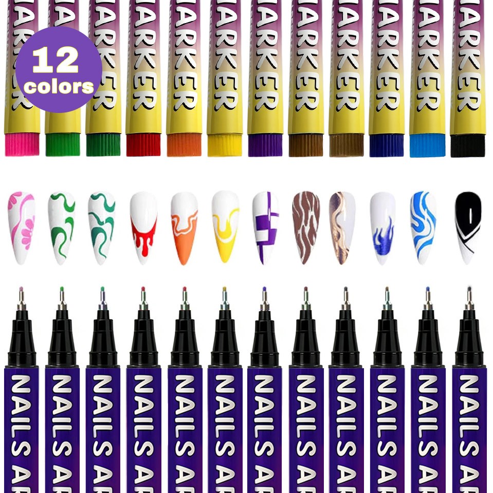 12 Colors Nail Art Pens Set 3D Nail Polish Pens Graffiti Dotting Pen Acrylic Pai