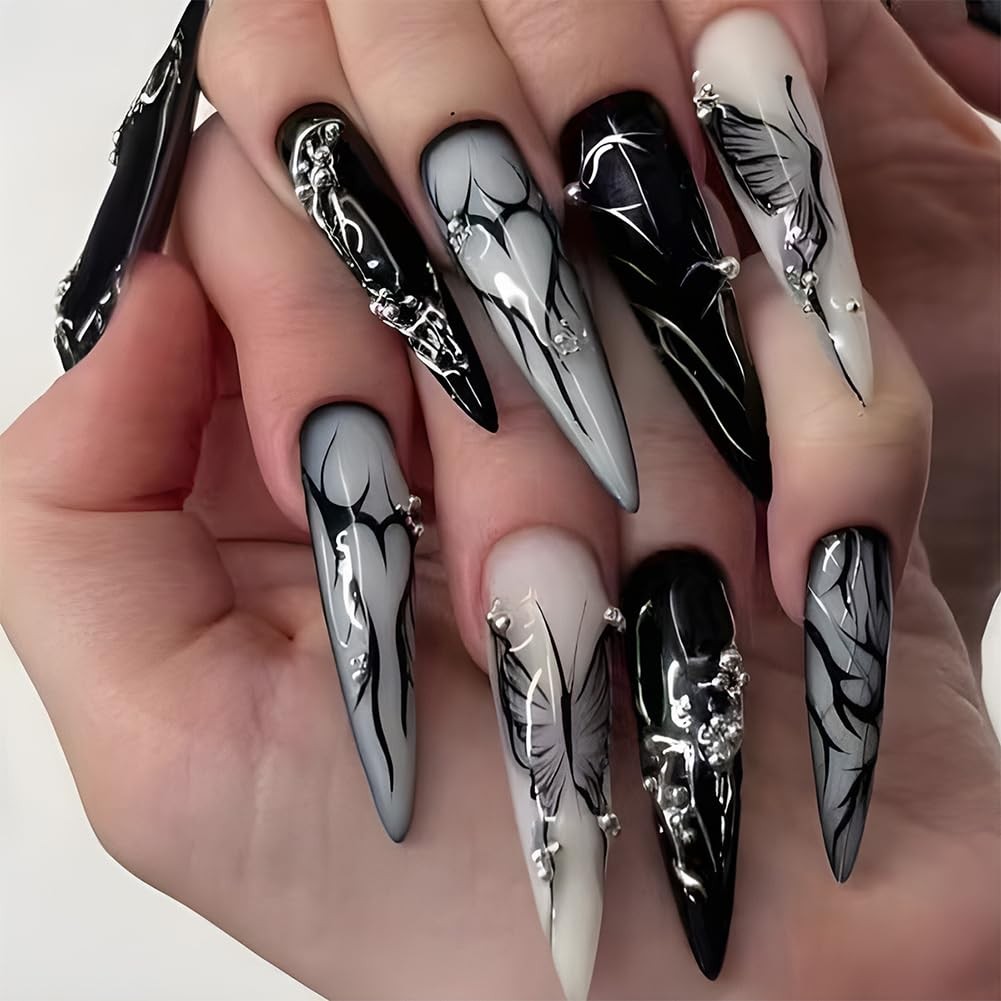 24PCS Long Press on Nails Almond Shaped Goth Black White Full Cover Artificial F