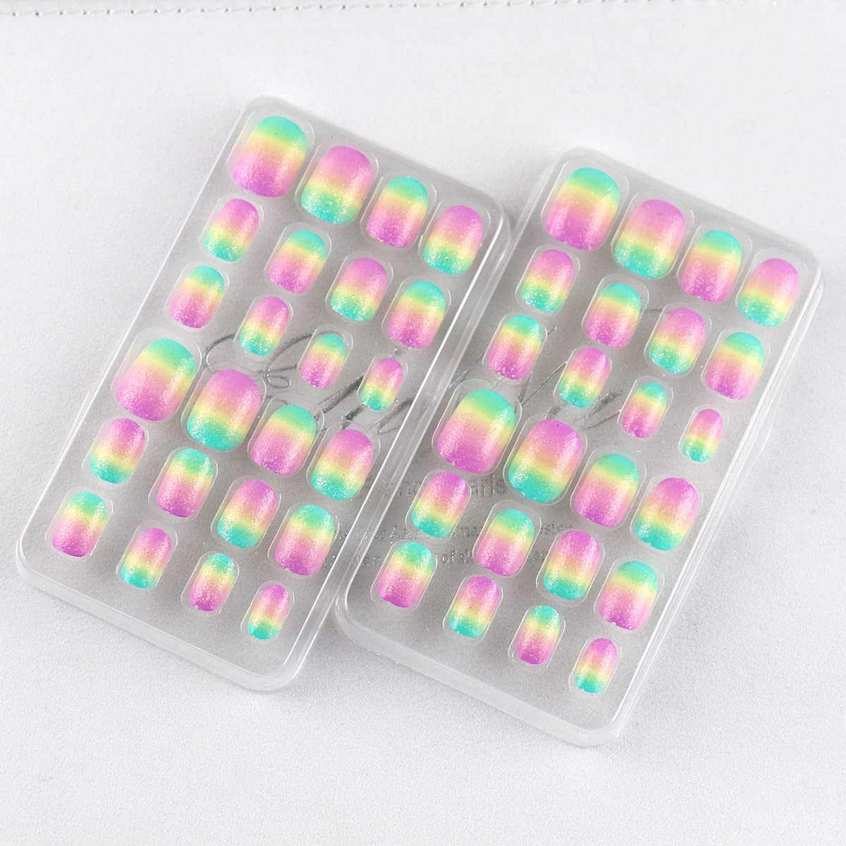 24 Pcs Rainbow Kids Press on Nails for Girls Short Oval | Sparkle Gradient Glitt