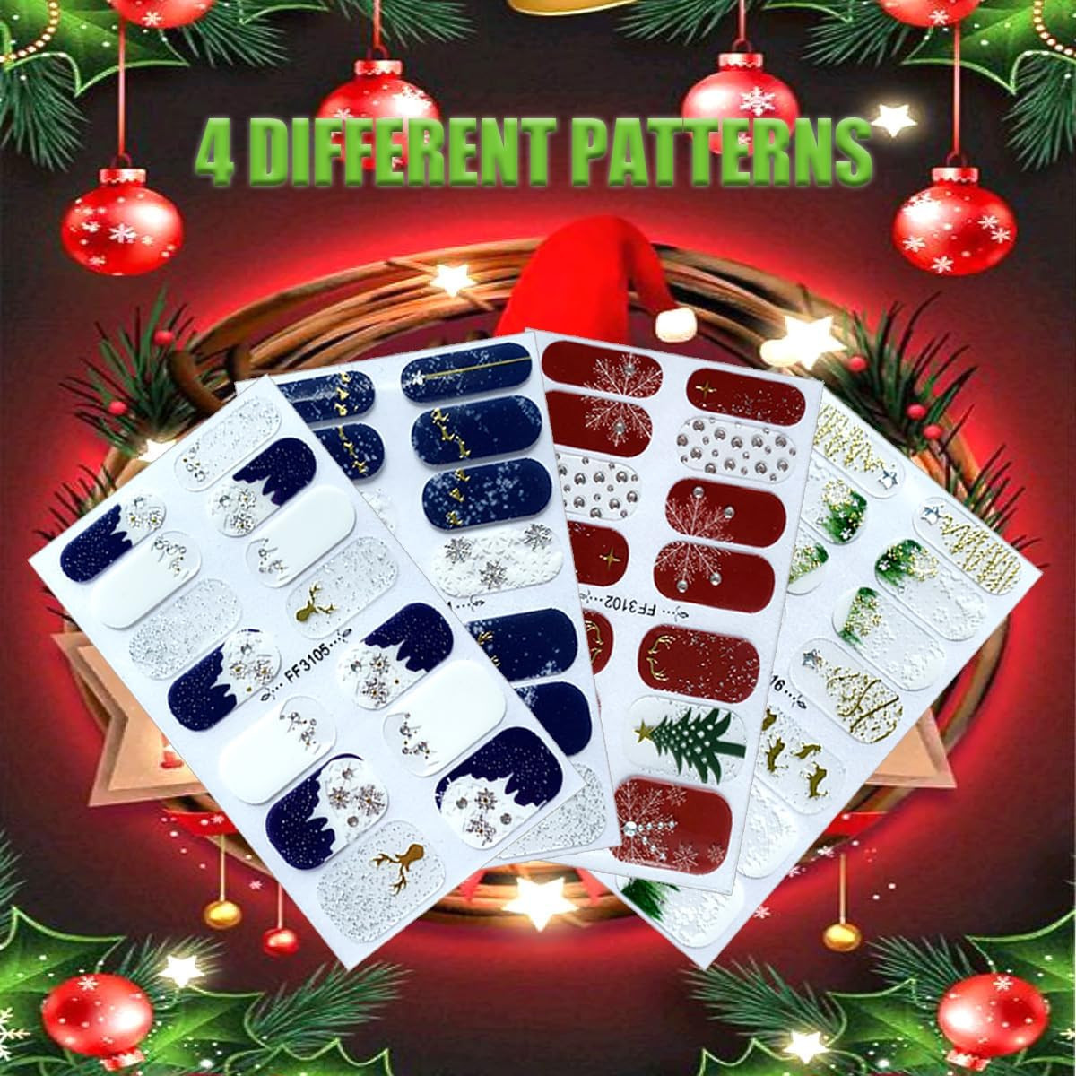 4 Sheets Christmas Nail Wraps Stickers 5D Charms White Snowflake Gel Nail Sticke