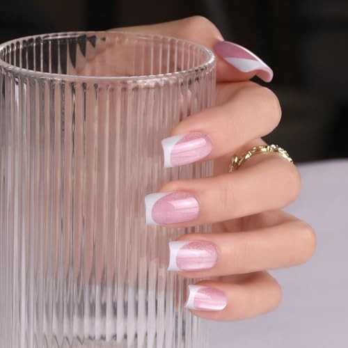 Cat Eye Press On Nails,160Pcs Pink Glitter Short Almond French Pink Eye Cat