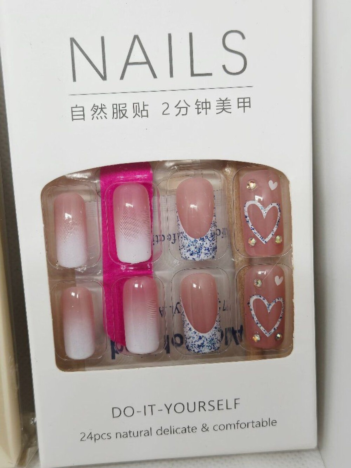 3 BOXES NATURAL PRESS ON NAILS PEARL, CHOCOLATE & PINK HEART NIB 72 TOTAL