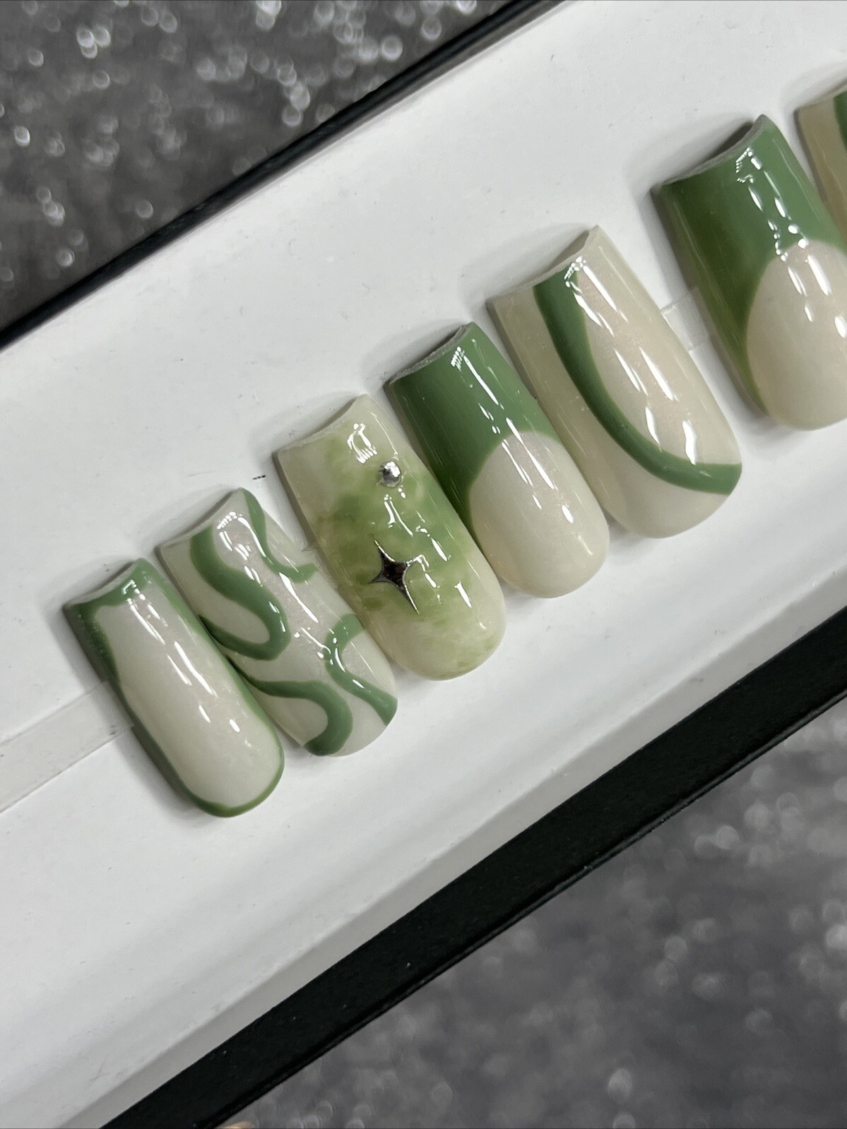 ✨ CUSTOM Hard Gel Press On Nails, OLIVE GREEN Nude Star W BLING 10p SET W Kit