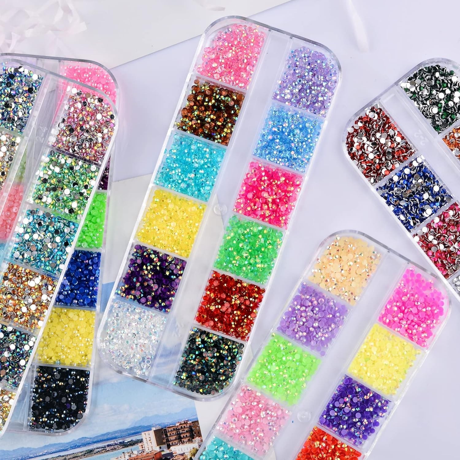 5 Boxes Nail Art Rhinestones Half Pearls Kit 3D Flatback Jelly Crystal Gems D…